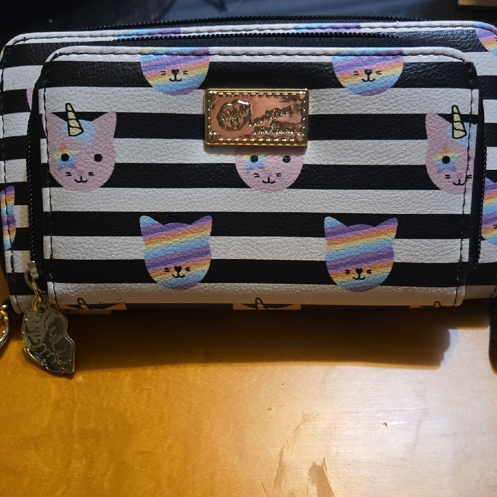 Betsey Johnson Striped Clutch with Rainbow Cat Design